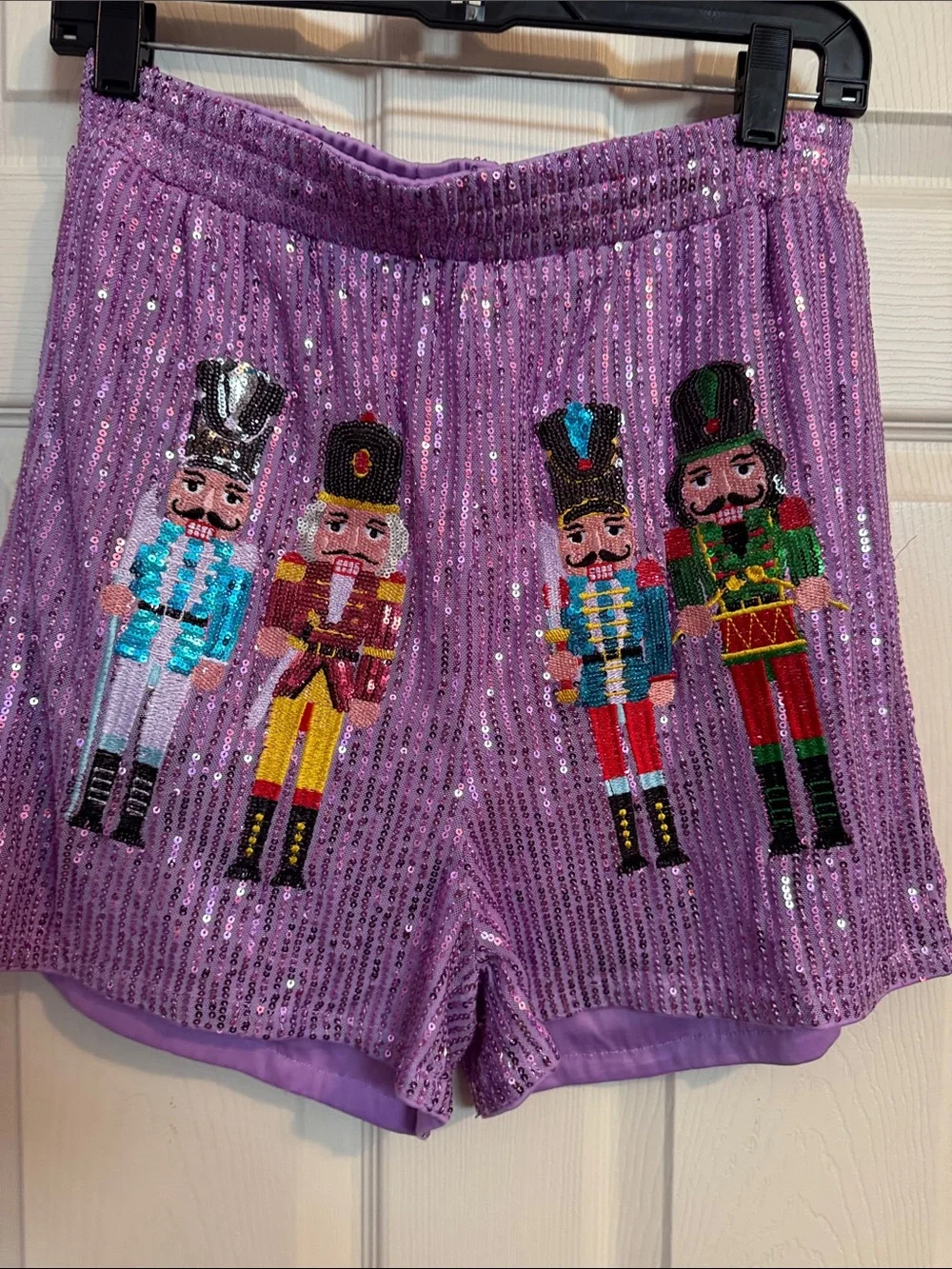 Women’s Front facing Purple Sequin Nutcracker Party Shorts